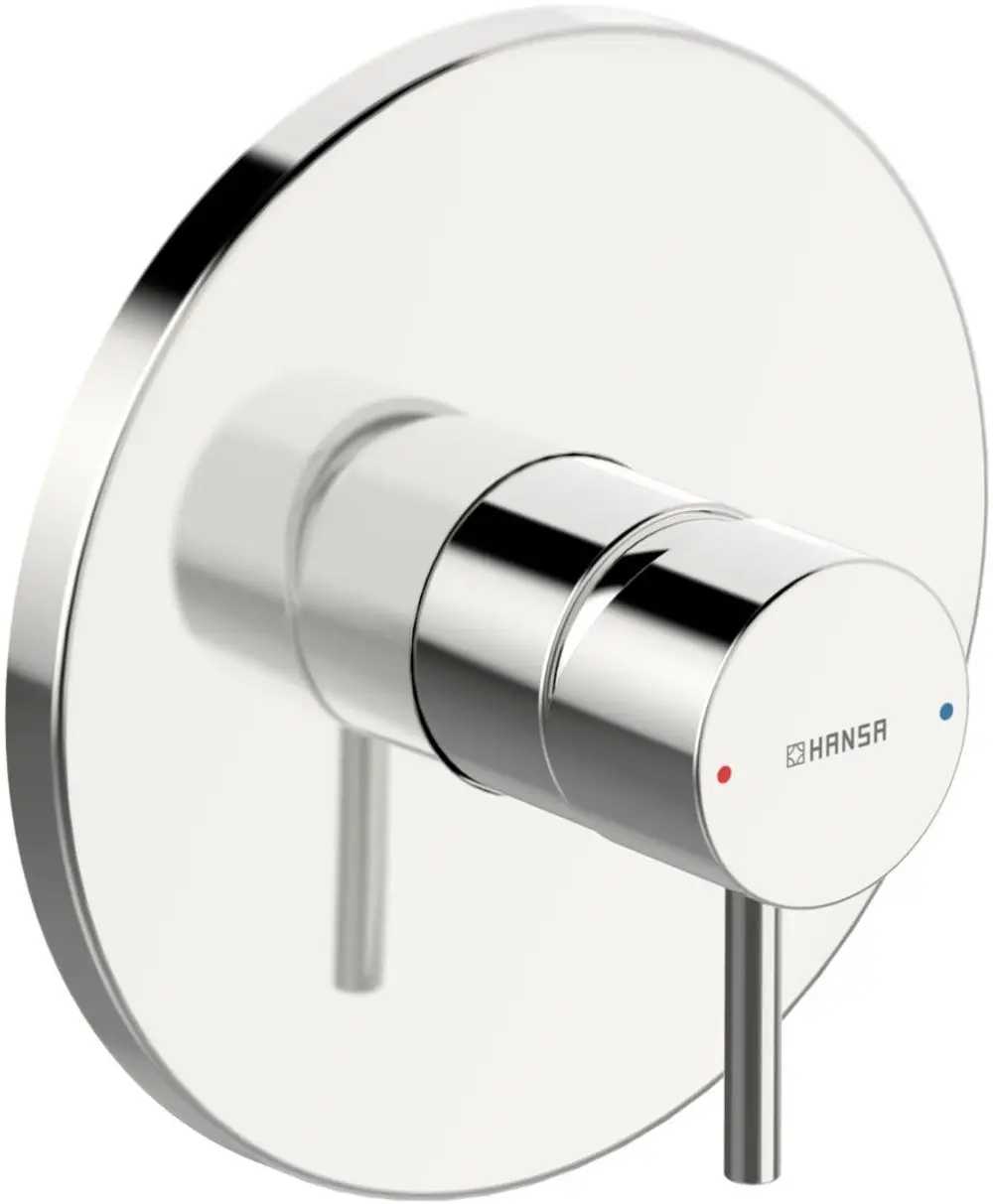 Einhebelmischer mit runder Rosette in Chrom, von der Marke HANSA, zur Montage an einer Brausebatterie. Das Bedienfeld zeigt eine klare Markierung für Warm- und Kaltwasser.